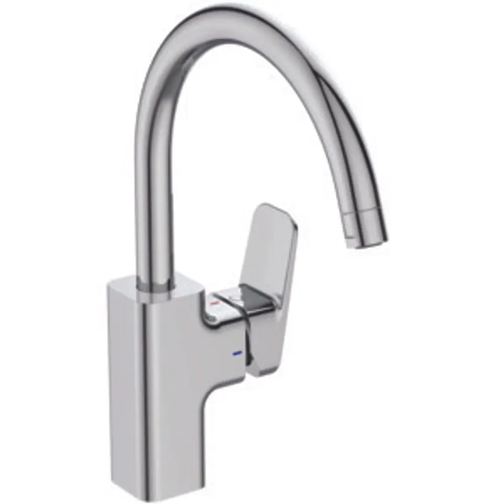 Küchenarmatur mit gebogenem Auslauf und einem Hebel zur Temperatureinstellung, aus Chrom gefertigt. Produkt von Ideal Standard.